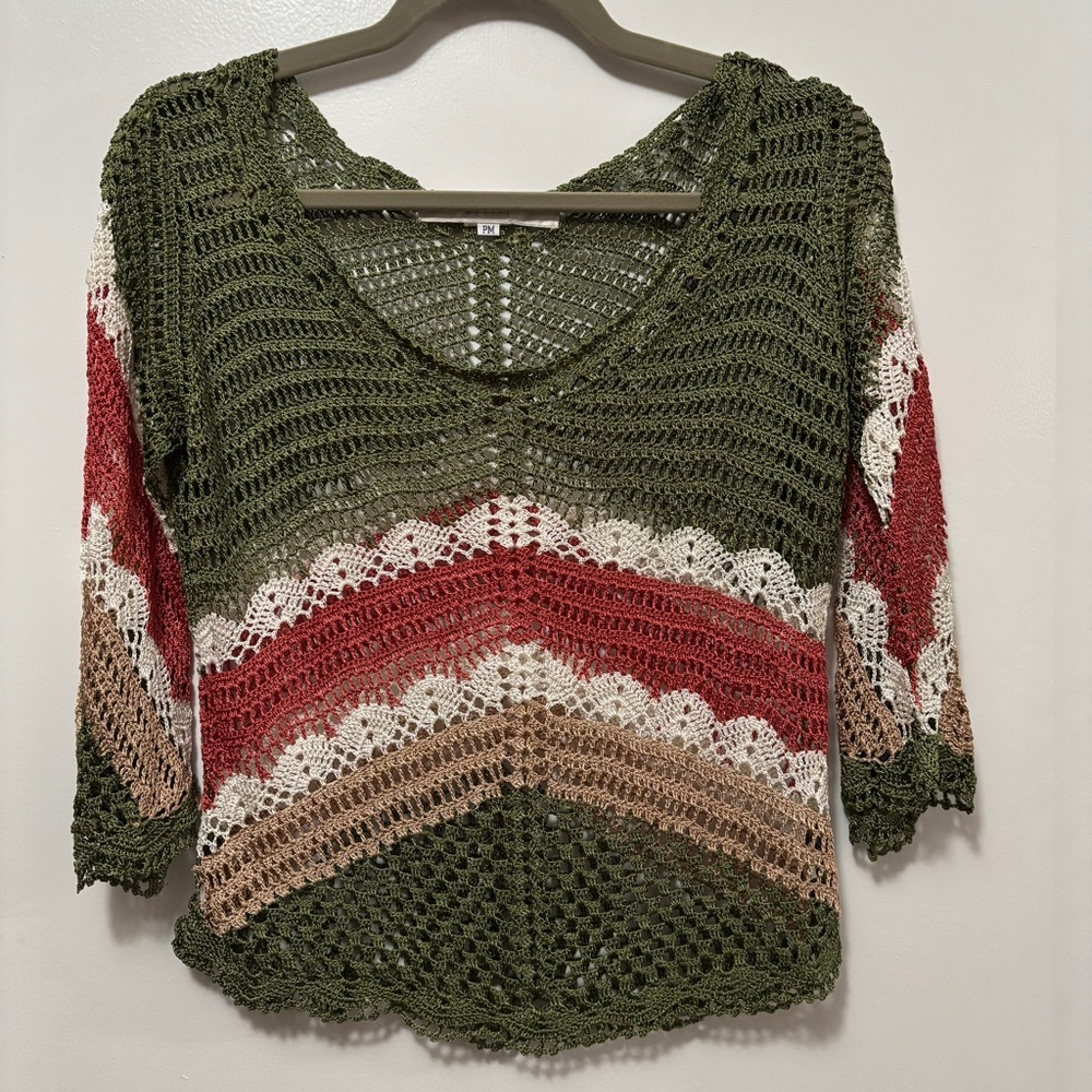 Bette Paige Crochet Sz Petite Medium Women’s Round Neck Long Sleeve crochet Top